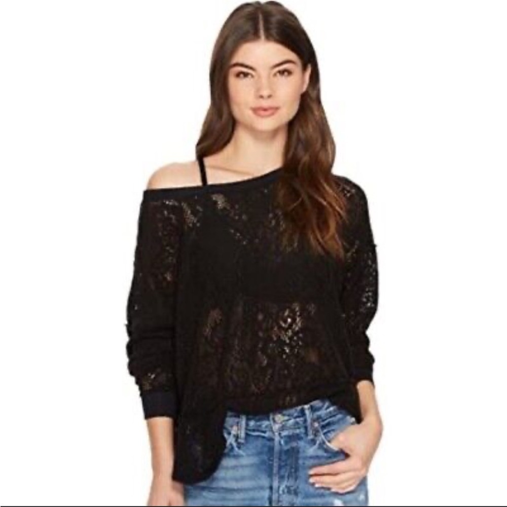 XS Free People Not in This Cold Lace Black Knit Sweater